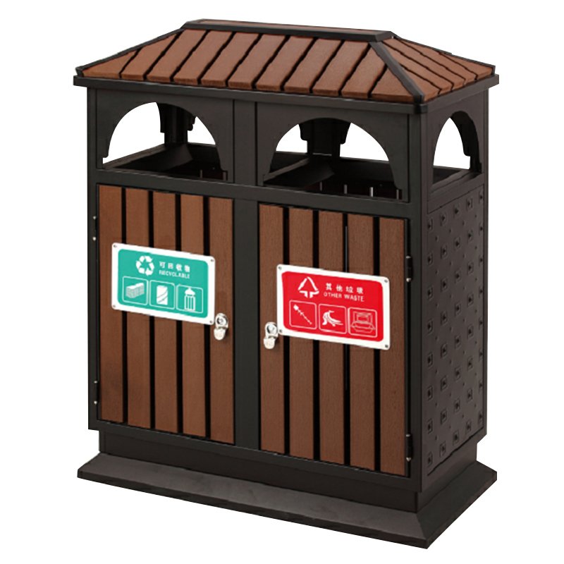 Chinese supplier outdoor house-shaped steel-wood metal double-class trash can