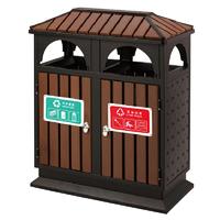 Chinese supplier outdoor house-shaped steel-wood metal double-class trash can